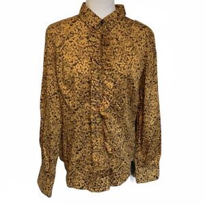 NY & Company Dotted Ruffle Blouse Mustard Brown L